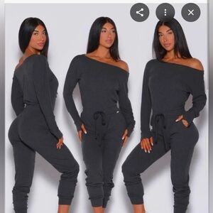 Bombshell Off-Shoulder Jumpsuit in Charcoal Gray